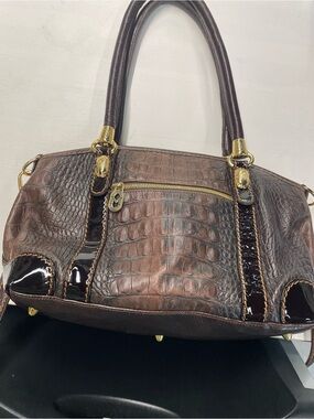 Marino Orlandi Brown Croc Embossed Leather Satchel Italy Patent Trim Bag